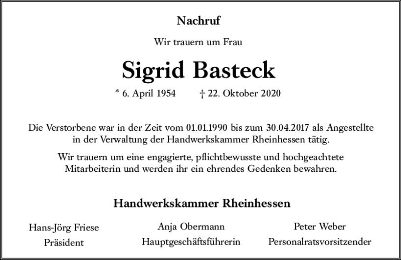  Traueranzeige für Sigrid  Basteck vom 24.10.2020 aus vrm-trauer