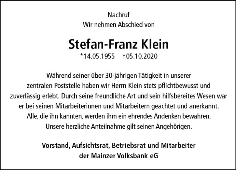  Traueranzeige für Stefan-Franz Klein vom 24.10.2020 aus vrm-trauer