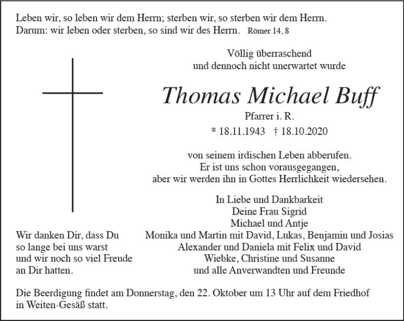  Traueranzeige für Thomas Michael Buff vom 21.10.2020 aus vrm-trauer