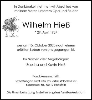 Traueranzeige von Wilhelm Hieß von vrm-trauer