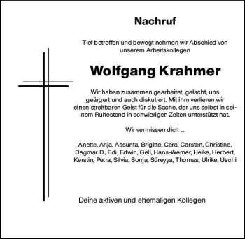 Traueranzeige von Wolfgang Krahmer von vrm-trauer