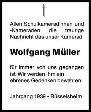 Traueranzeige von Wolfgang Müller von vrm-trauer
