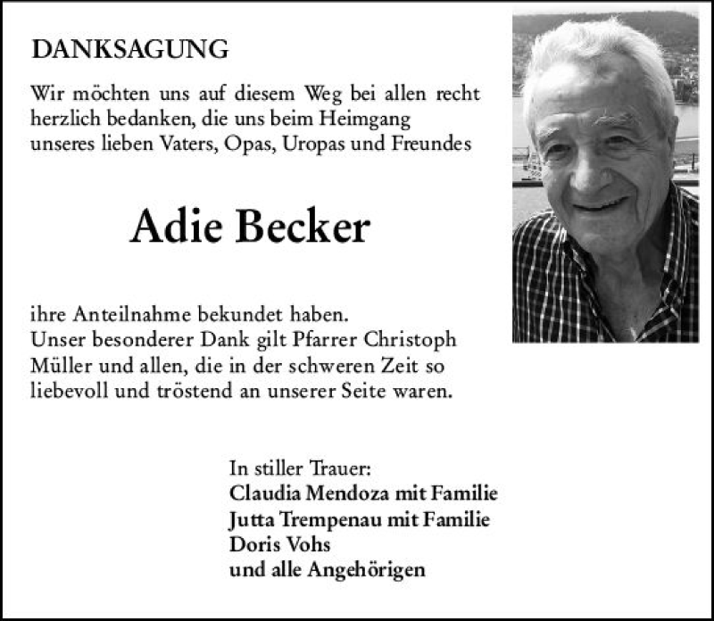  Traueranzeige für Adie Becker vom 27.11.2020 aus vrm-trauer