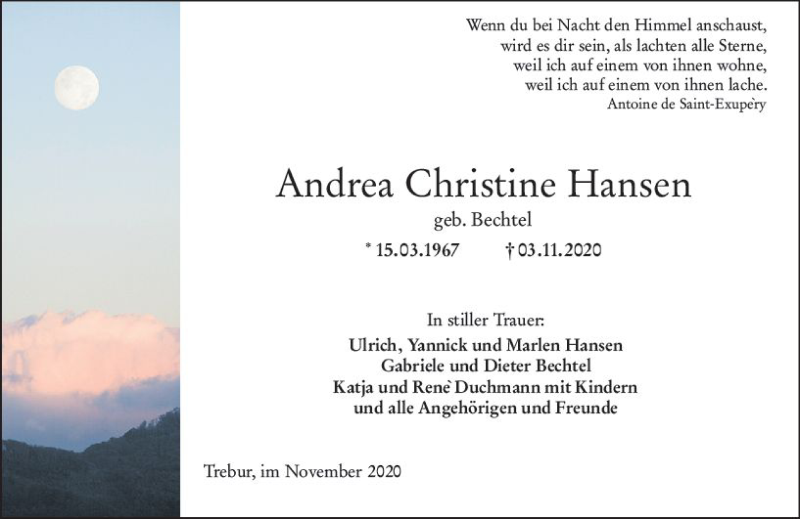 Traueranzeige für Andrea Christine Hansen vom 10.11.2020 aus vrm-trauer