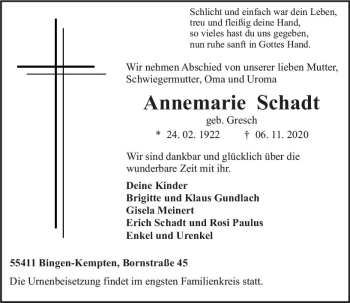 Traueranzeige von Annemarie Schadt von vrm-trauer
