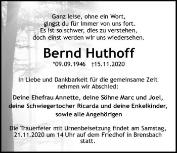 Traueranzeige von Bernd Huthoff von vrm-trauer