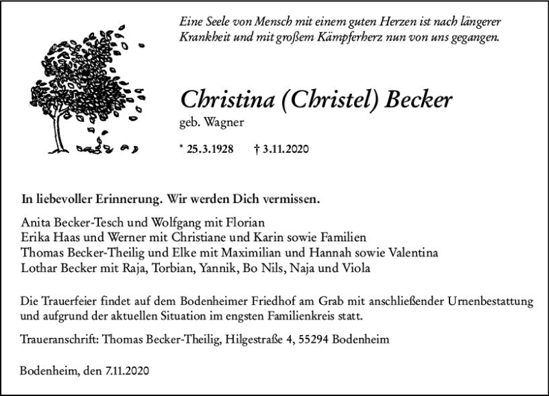  Traueranzeige für Christina  Becker vom 07.11.2020 aus vrm-trauer