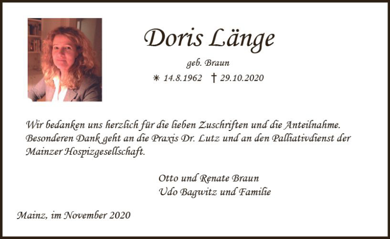  Traueranzeige für Doris Länge vom 28.11.2020 aus vrm-trauer