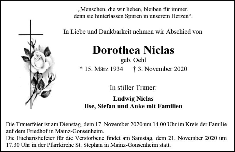  Traueranzeige für Dorothea Niclas vom 14.11.2020 aus vrm-trauer
