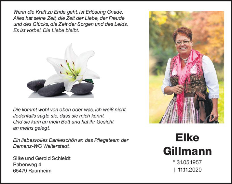  Traueranzeige für Elke Gillmann vom 21.11.2020 aus vrm-trauer