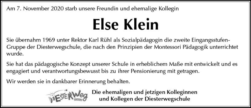  Traueranzeige für Else Klein vom 14.11.2020 aus vrm-trauer