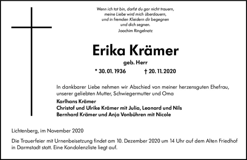  Traueranzeige für Erika Krämer vom 28.11.2020 aus vrm-trauer