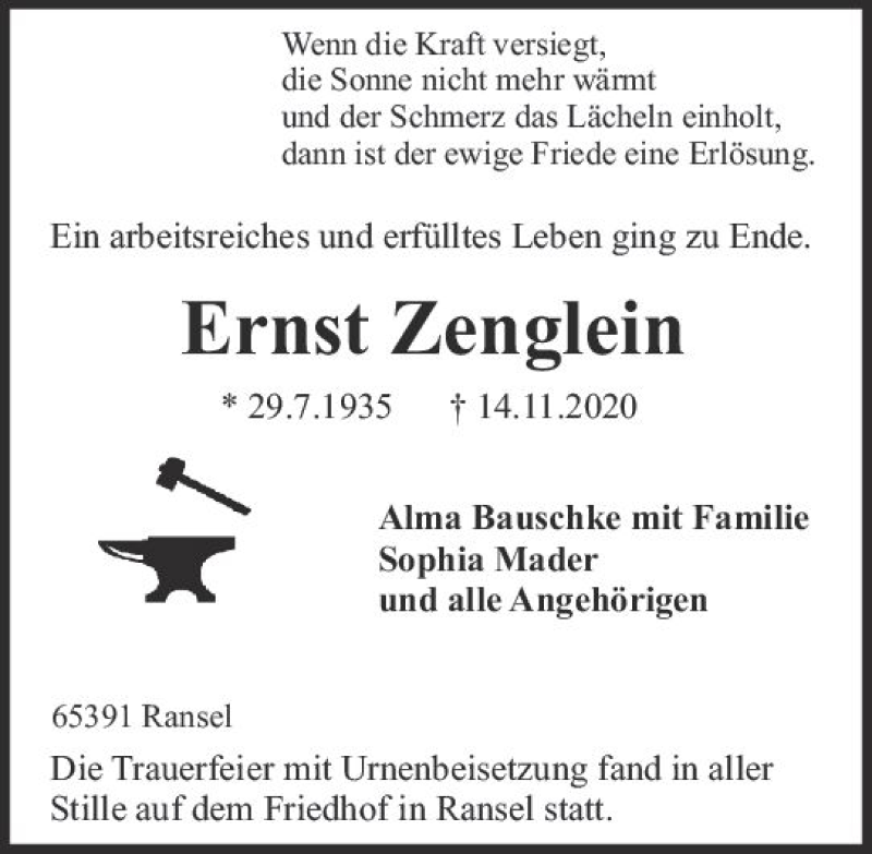  Traueranzeige für Ernst Zenglein vom 28.11.2020 aus vrm-trauer