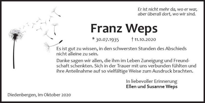  Traueranzeige für Franz Weps vom 27.11.2020 aus vrm-trauer