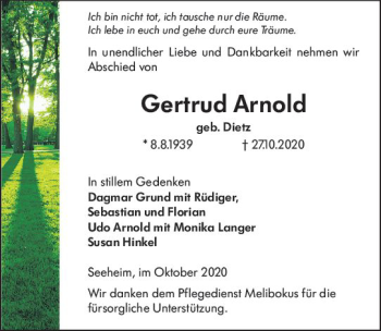Traueranzeige von Gertrud Arnold von vrm-trauer