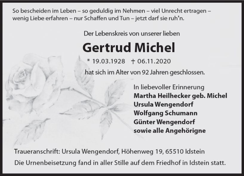  Traueranzeige für Gertrud Michel vom 21.11.2020 aus vrm-trauer