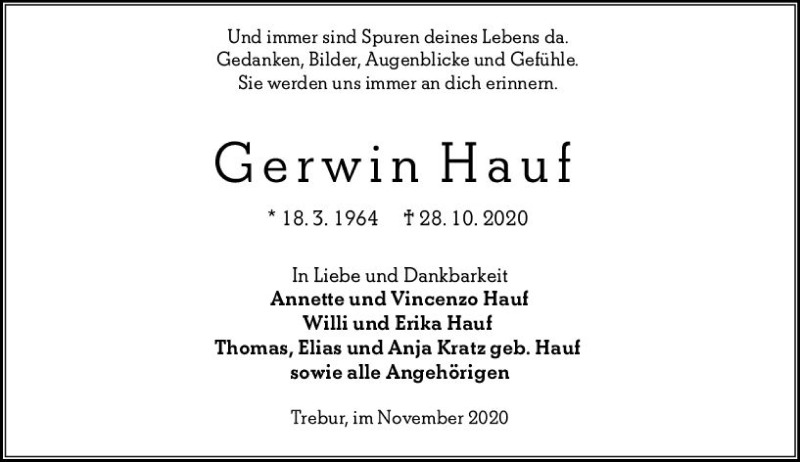  Traueranzeige für Gerwin Hauf vom 03.11.2020 aus vrm-trauer