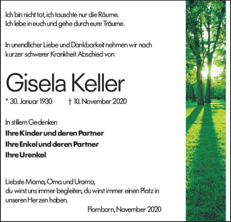  Traueranzeige für Gisela Keller vom 17.11.2020 aus vrm-trauer