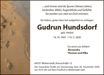 Traueranzeige von Gudrun Hundsdorf von vrm-trauer