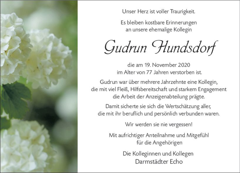  Traueranzeige für Gudrun Hundsdorf vom 25.11.2020 aus vrm-trauer