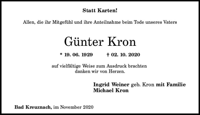  Traueranzeige für Günter Kron vom 07.11.2020 aus vrm-trauer