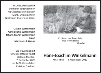 Traueranzeige von Hans-Joachim Winkelmann von vrm-trauer