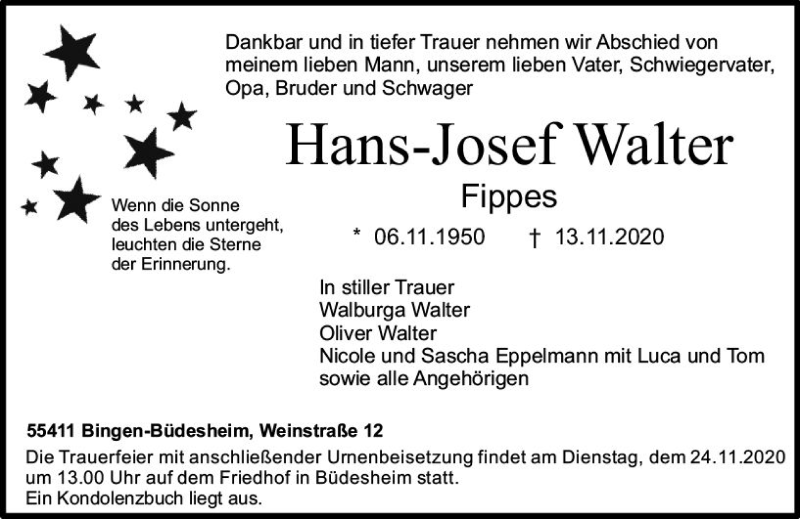  Traueranzeige für Hans-Josef Walter vom 21.11.2020 aus vrm-trauer