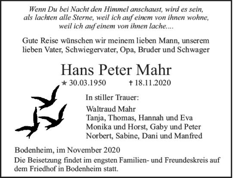  Traueranzeige für Hans Peter Mahr vom 21.11.2020 aus vrm-trauer