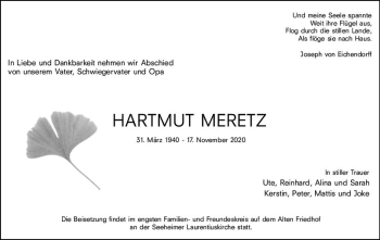 Traueranzeige von Hartmut Meretz von vrm-trauer