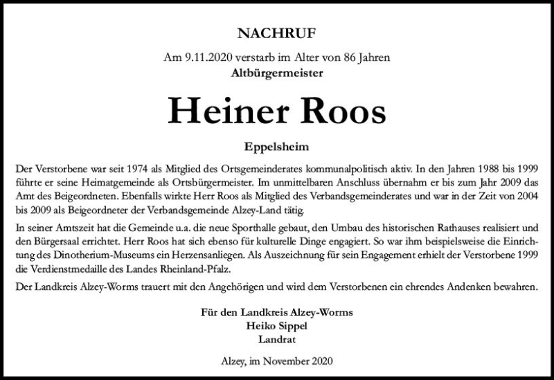  Traueranzeige für Heiner Roos vom 14.11.2020 aus vrm-trauer