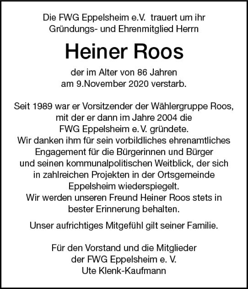  Traueranzeige für Heiner Roos vom 14.11.2020 aus vrm-trauer