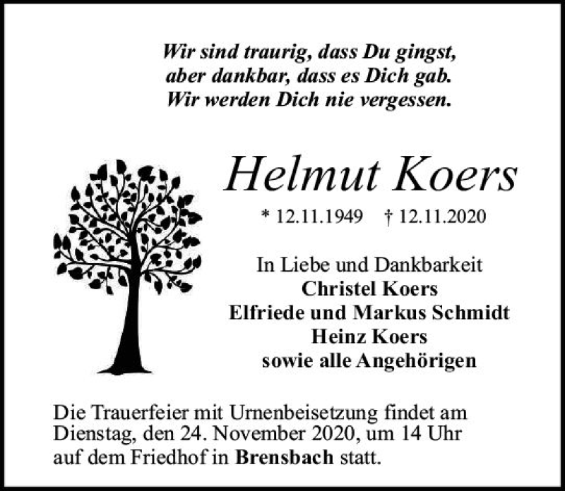  Traueranzeige für Helmut Koers vom 18.11.2020 aus vrm-trauer
