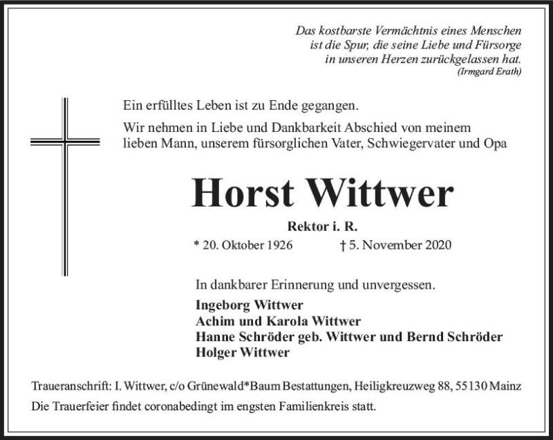  Traueranzeige für Horst Wittwer vom 14.11.2020 aus vrm-trauer