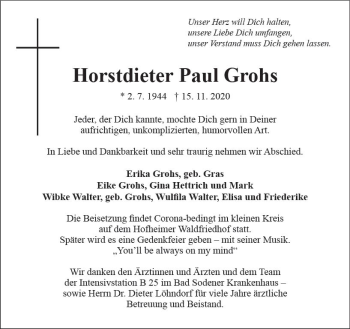 Traueranzeige von Horstdieter Paul Grohs von vrm-trauer