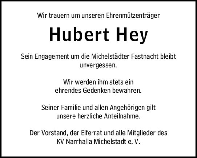  Traueranzeige für Hubert Hey vom 03.11.2020 aus vrm-trauer