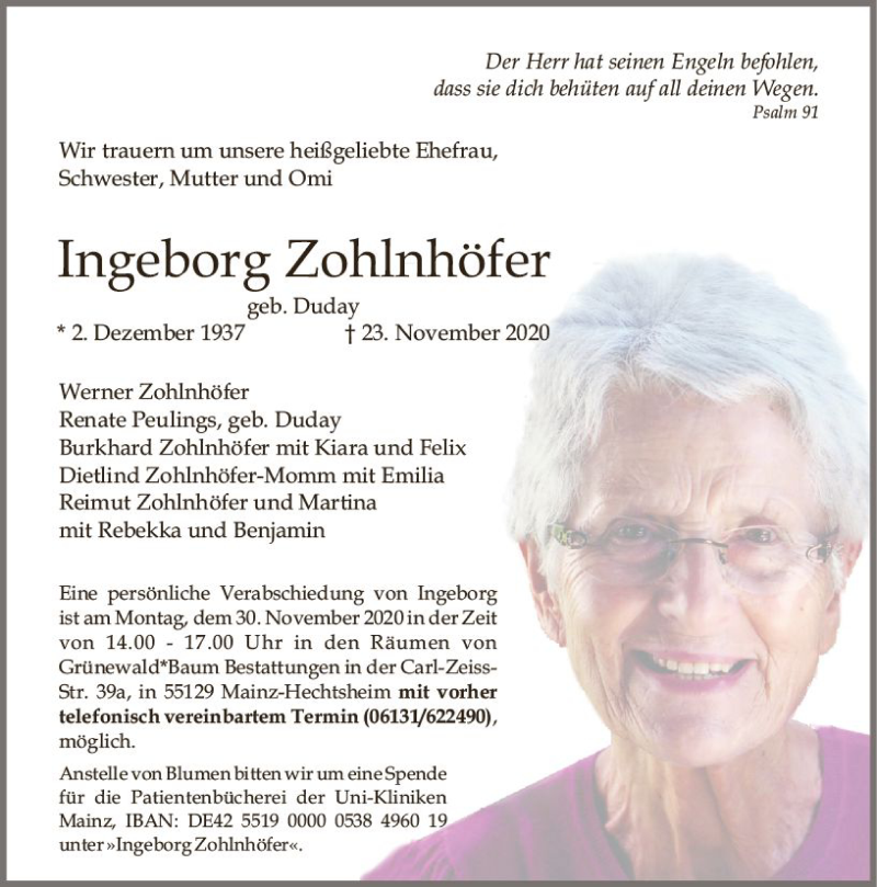  Traueranzeige für Ingeborg Zohlnhöfer vom 28.11.2020 aus vrm-trauer
