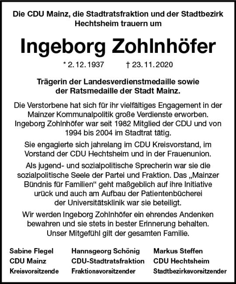  Traueranzeige für Ingeborg Zohlnhöfer vom 28.11.2020 aus vrm-trauer