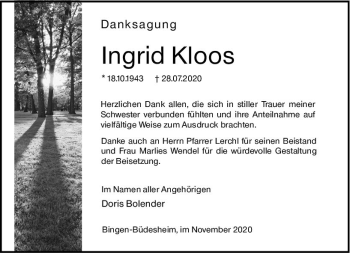 Traueranzeige von Ingrid Kloos von vrm-trauer