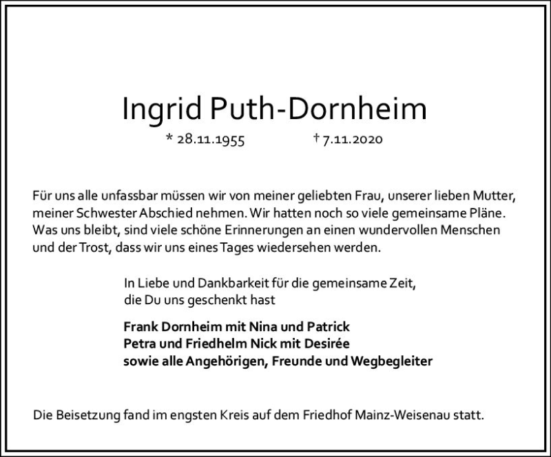  Traueranzeige für Ingrid Puth-Dornheim vom 14.11.2020 aus vrm-trauer