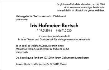 Traueranzeige von Iris Hofrneier-Berisch von vrm-trauer