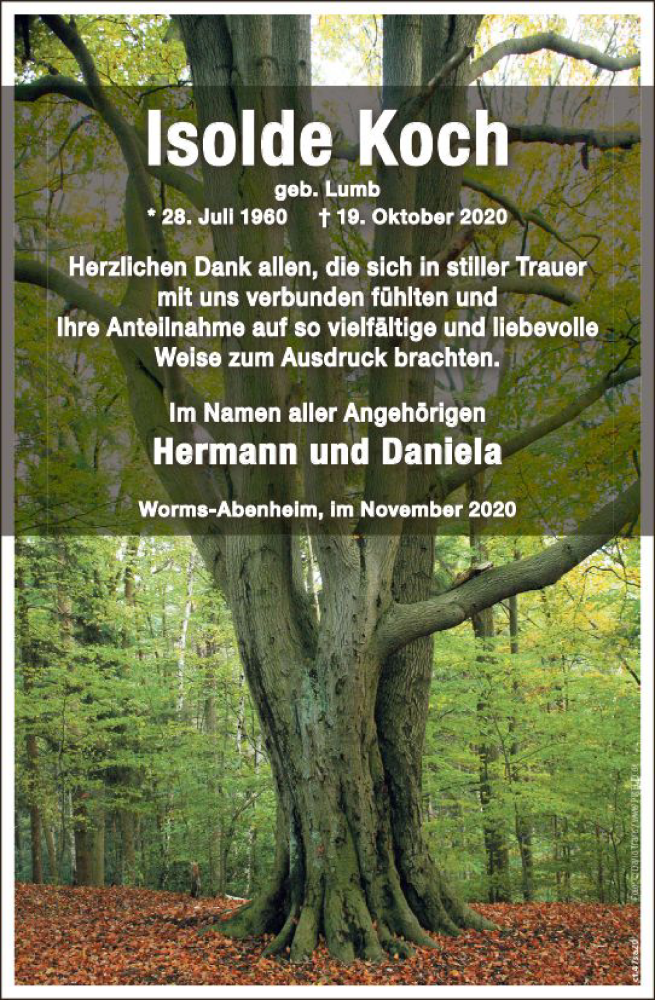  Traueranzeige für Isolde Koch vom 21.11.2020 aus vrm-trauer
