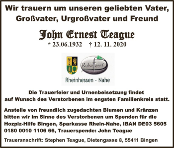 Traueranzeige von John Ernest Teague von vrm-trauer