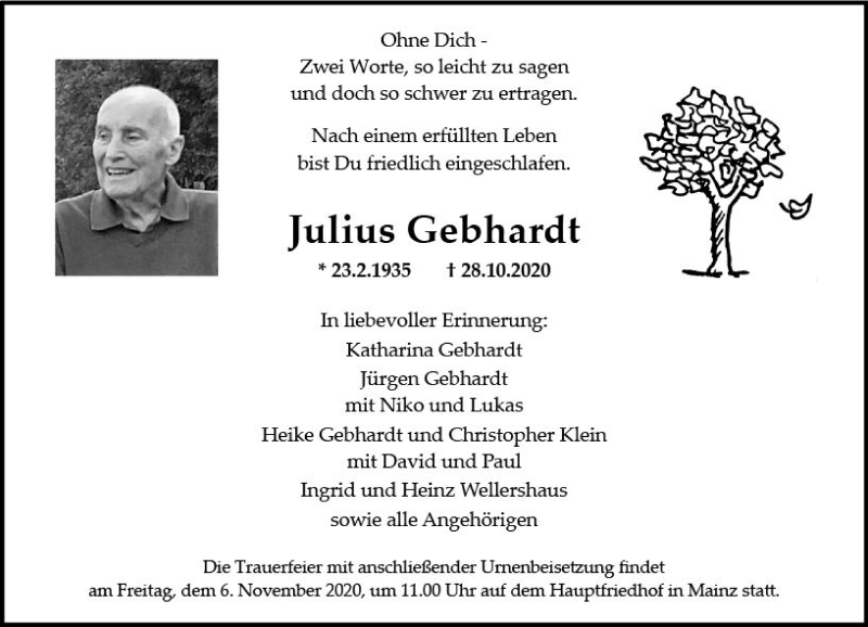  Traueranzeige für Julius Gebhardt vom 04.11.2020 aus vrm-trauer