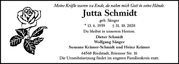 Traueranzeige von Jutta Schmidt von vrm-trauer