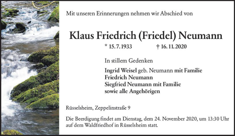  Traueranzeige für Klaus Friedrich Neumann vom 21.11.2020 aus vrm-trauer