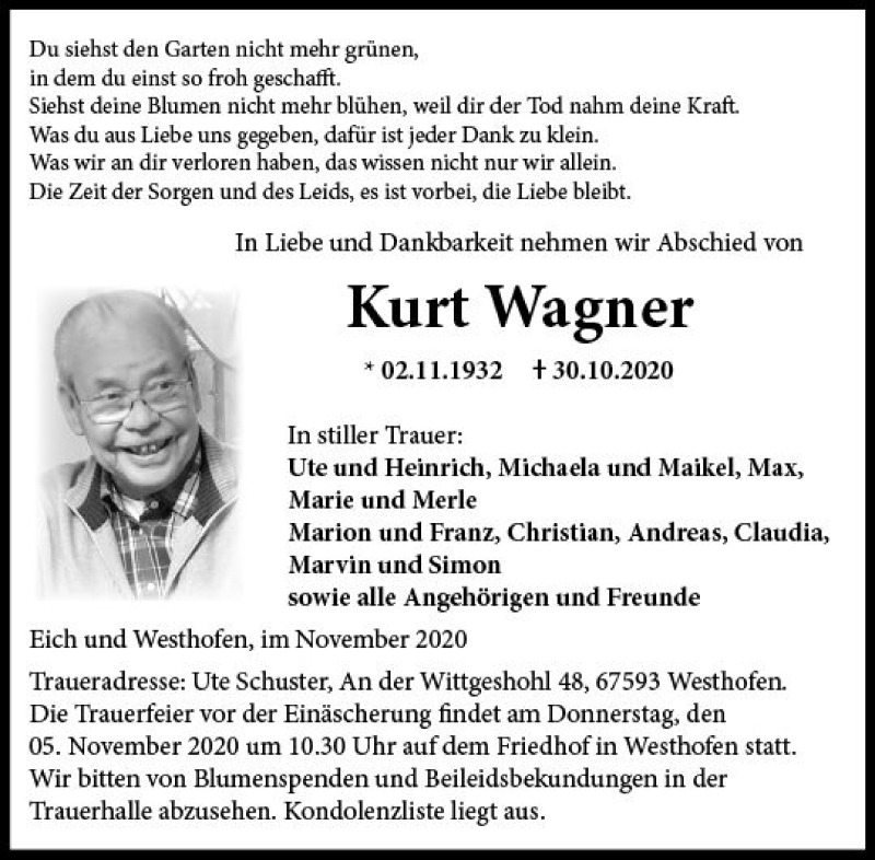  Traueranzeige für Kurt Wagner vom 02.11.2020 aus vrm-trauer