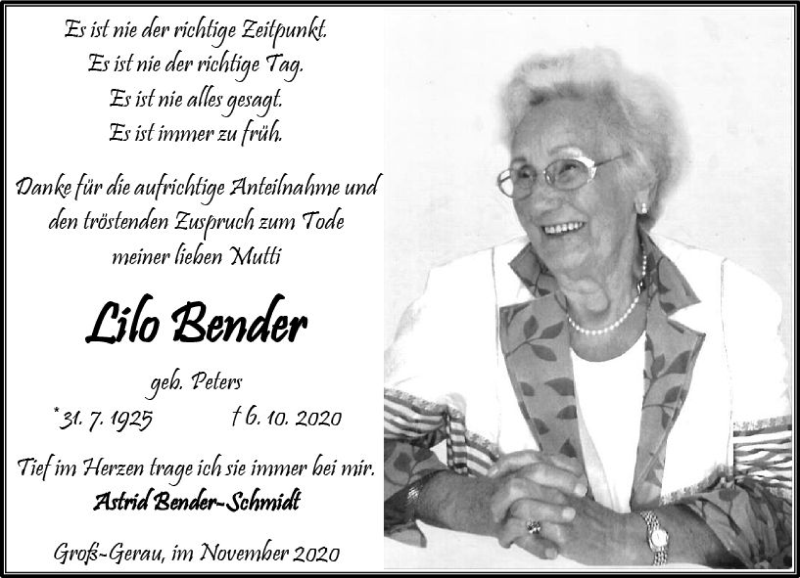  Traueranzeige für Lilo Bender vom 14.11.2020 aus vrm-trauer