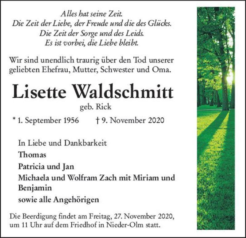  Traueranzeige für Lisette Waldschmitt vom 21.11.2020 aus vrm-trauer