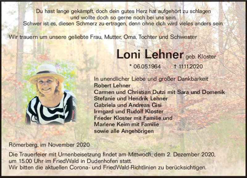  Traueranzeige für Loni Lehner vom 20.11.2020 aus vrm-trauer