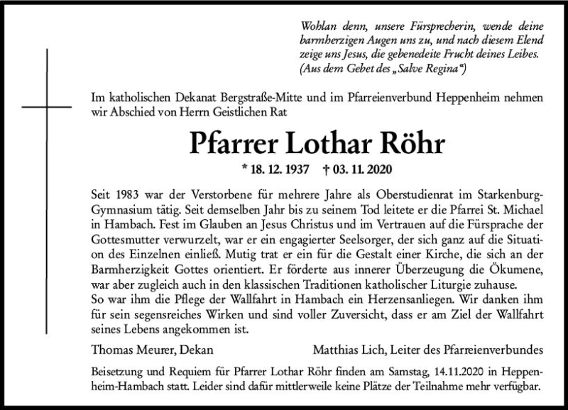  Traueranzeige für Lothar Röhr vom 11.11.2020 aus vrm-trauer